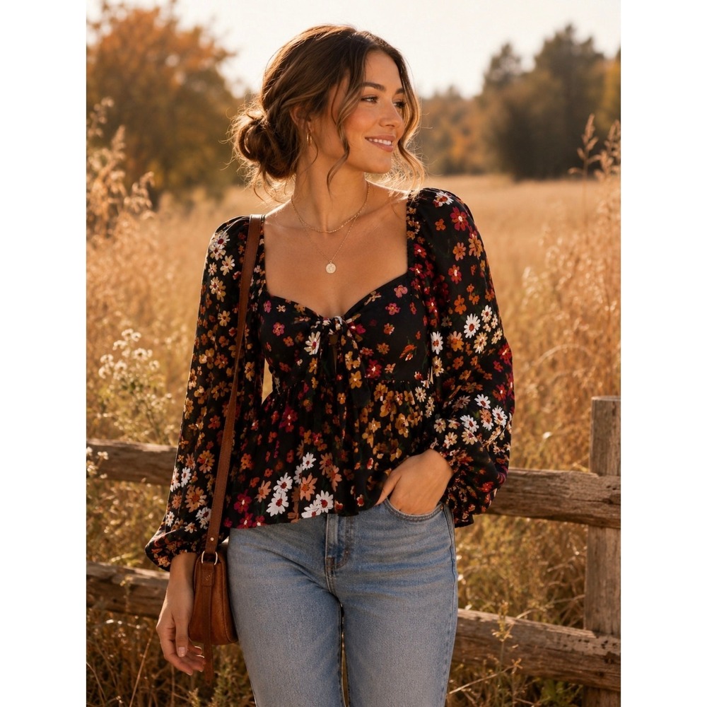 Patrons of Peace XS Floral Puff Sleeve Tie Front Babydoll Peplum Blouse Black